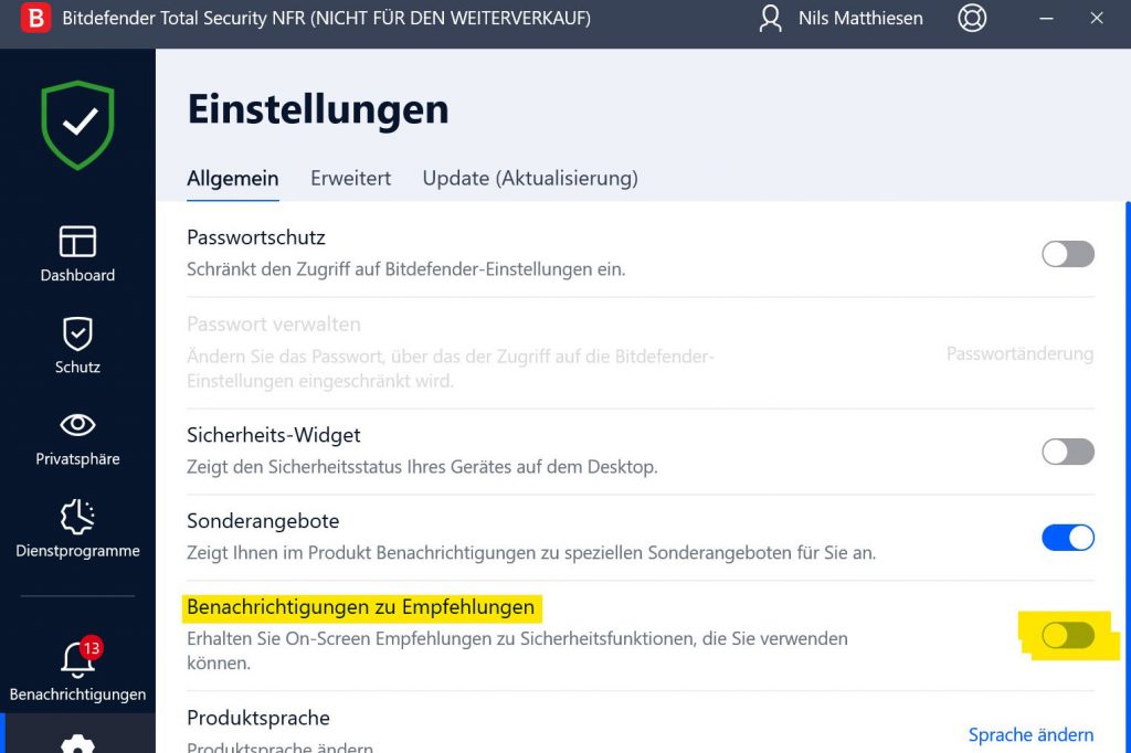 Bitdefender Meldungen abschalten