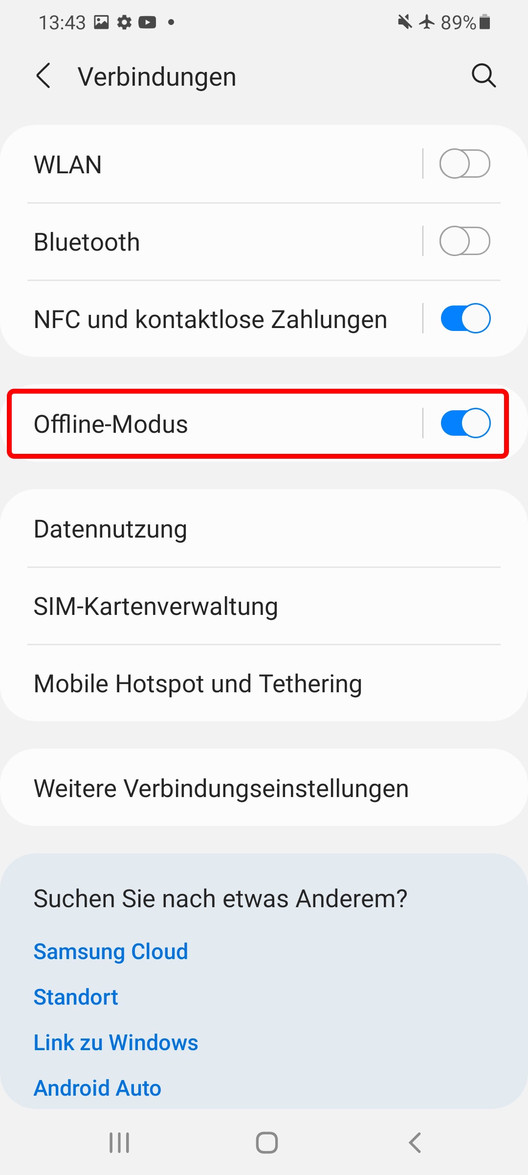 Schritt 2: Wählen Sie nun den Flugmodus, der bei Samsung "Offline-Modus" heißt.