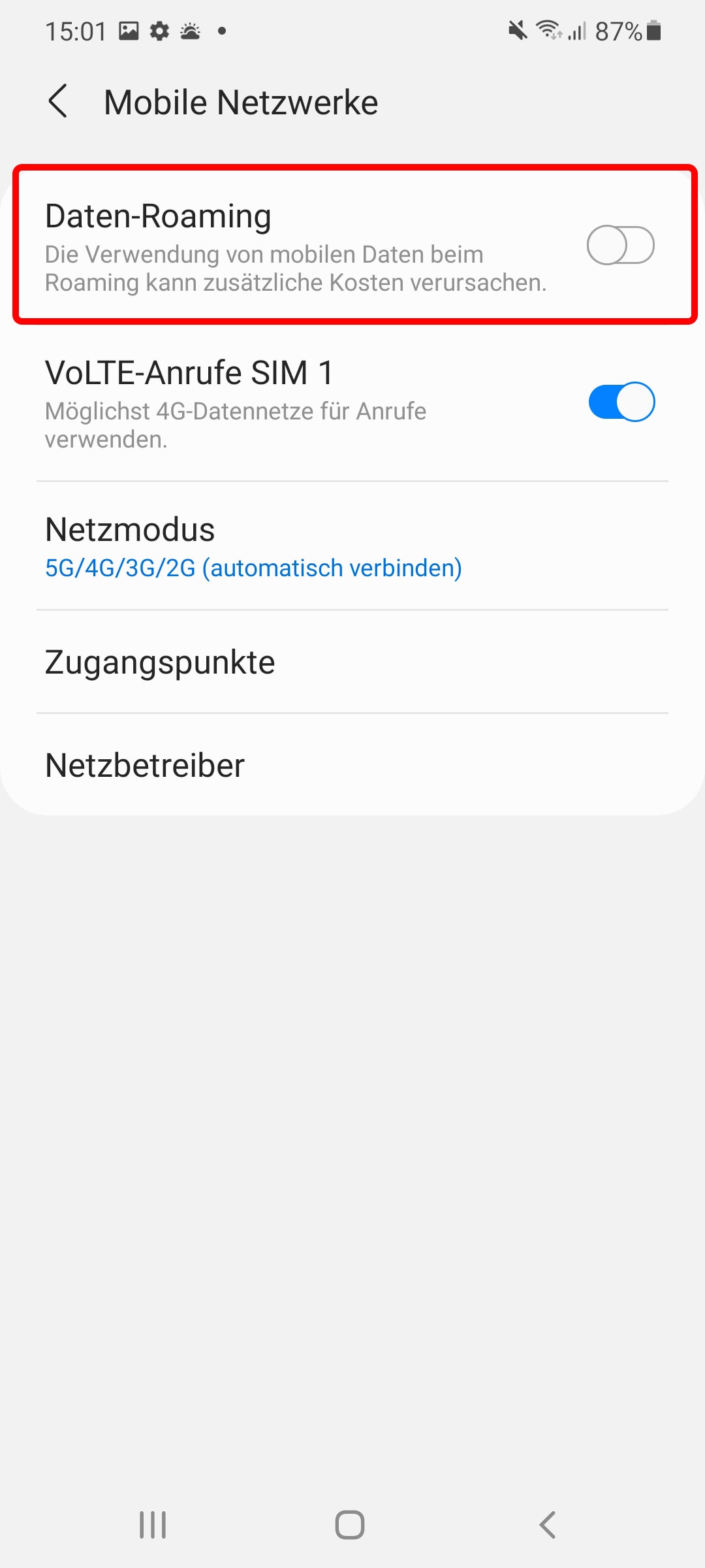 Schritt 2: Oben können Sie den Eintrag Datenroaming deaktivieren.