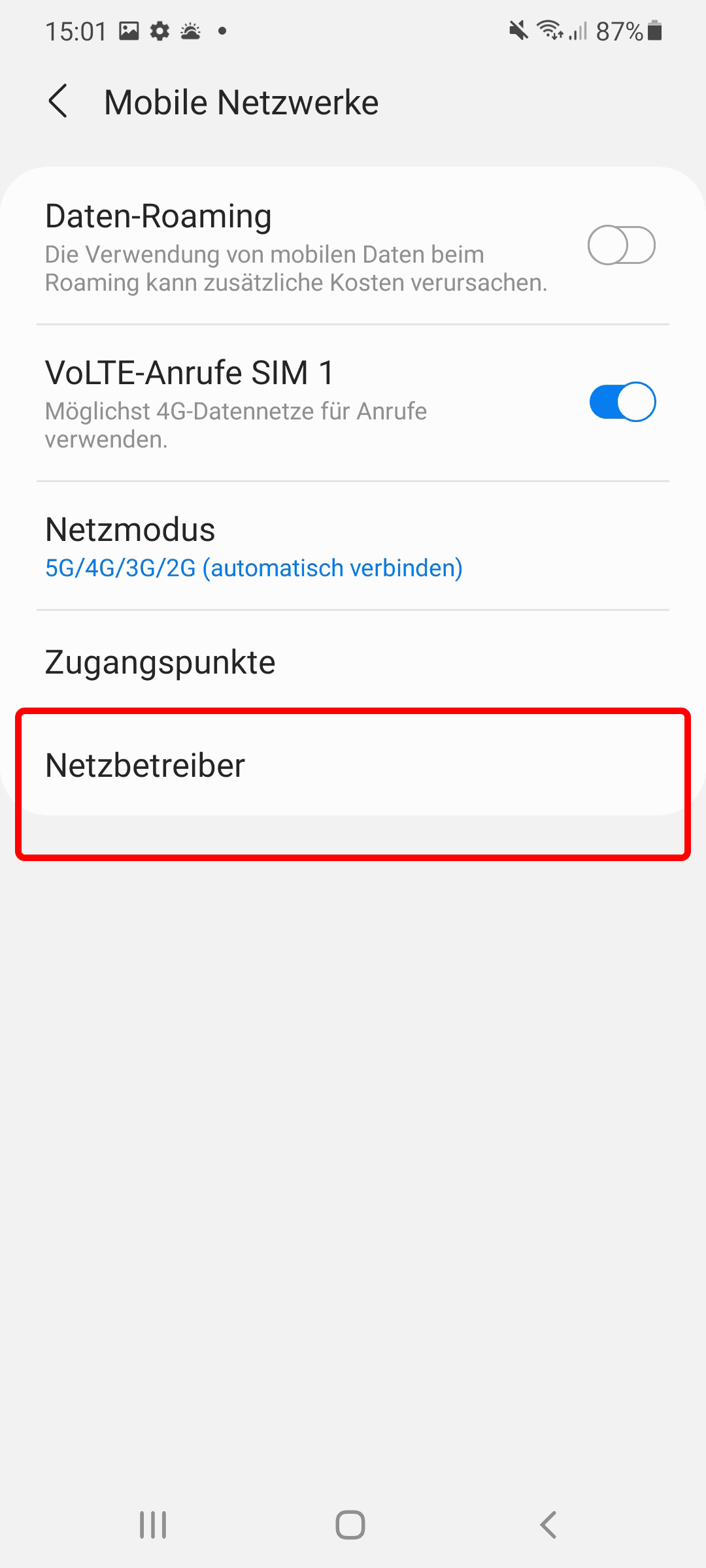 Schritt 3: Weiter unten wählen Sie "Netzbetreiber" um zur automatischen Netzwahl zu gelangen.