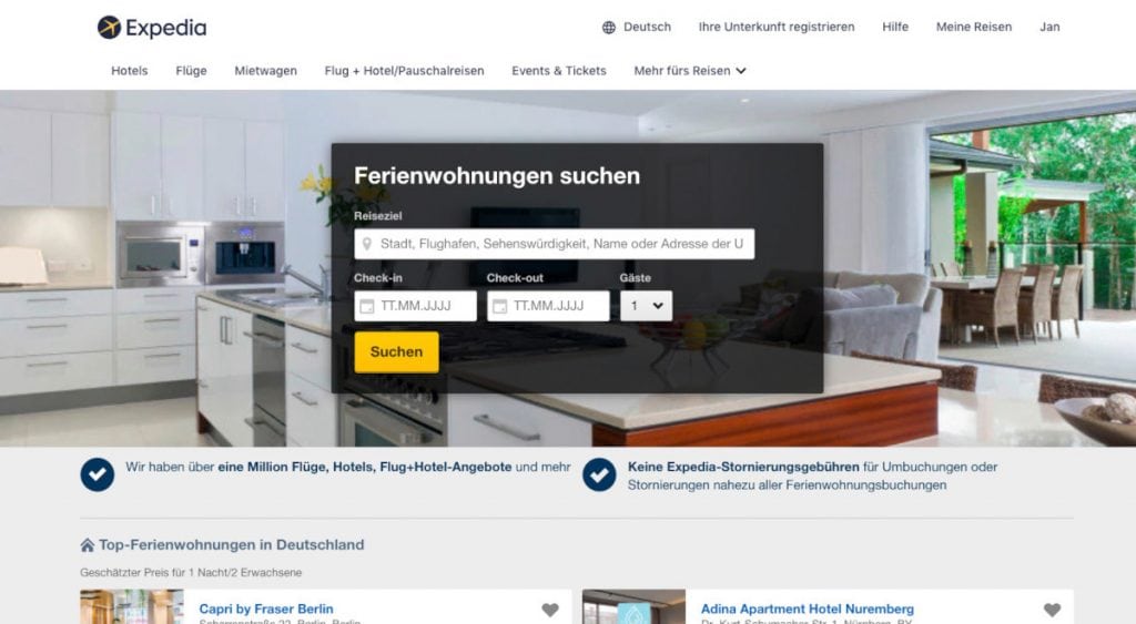 Auch bei Expedia lassen sich Ferienhäuser finden