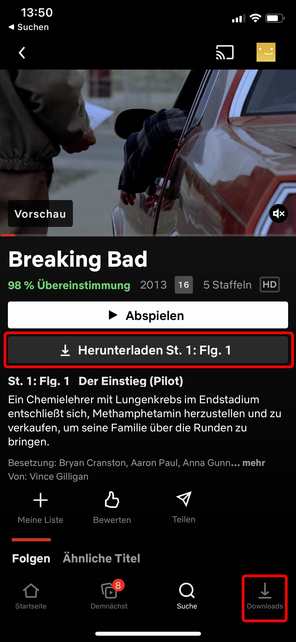 Netflix: Wählen Sie eine Folge oder einen Film aus und laden Sie das Video dann über "Herunterladen" herunter. Unter "Downloads" ist das Video dann gelistet.