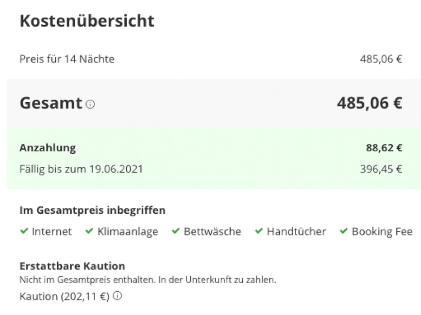 Kostenüberblick bei der Ferienhausbuchung mit Casamundo