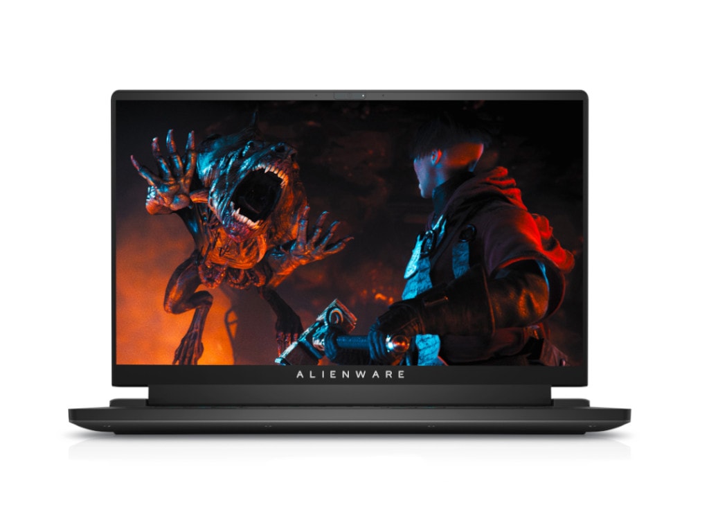 Alienware Notebook aufgeklappt in Schwarz mit Bild von Spiel auf Bildschirm vor weißem Hintergrund