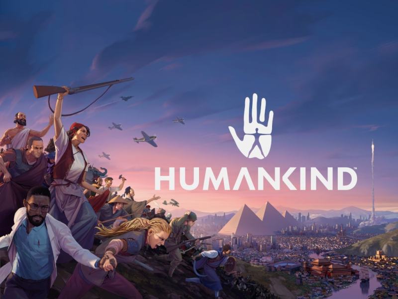 Schriftzug Humankind auf Bild mit vielen verschiedenen Spielfiguren