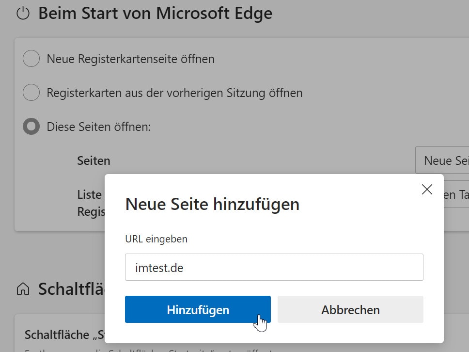 Edge Imtest als Startseite