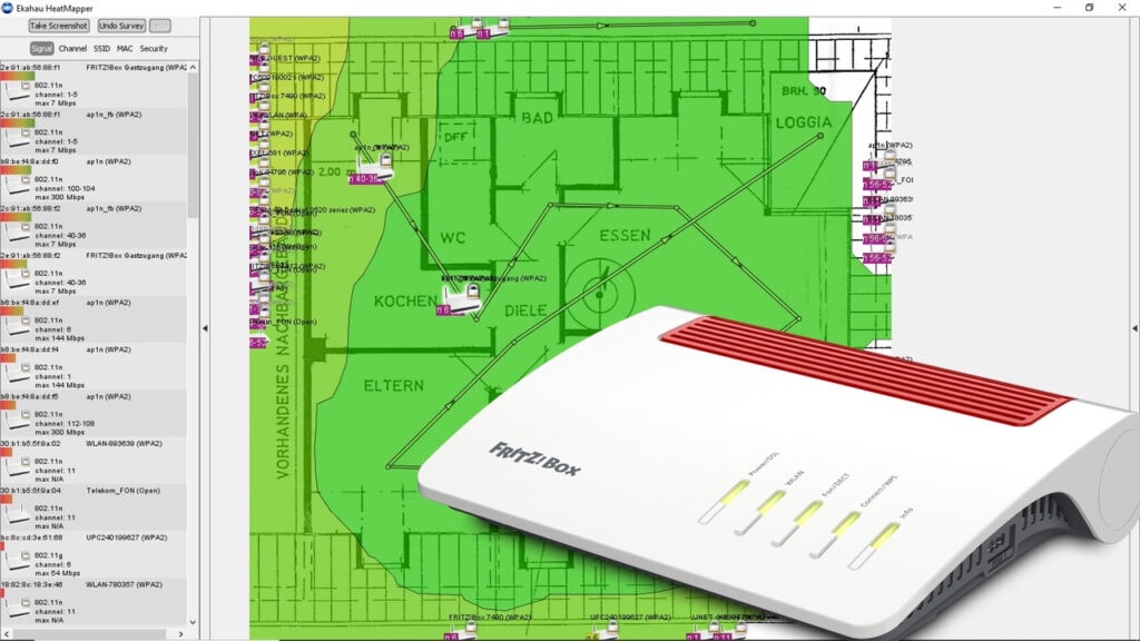 Grau grüne Karte von WLAN-Versorgung mit FritzBox drauf montiert
