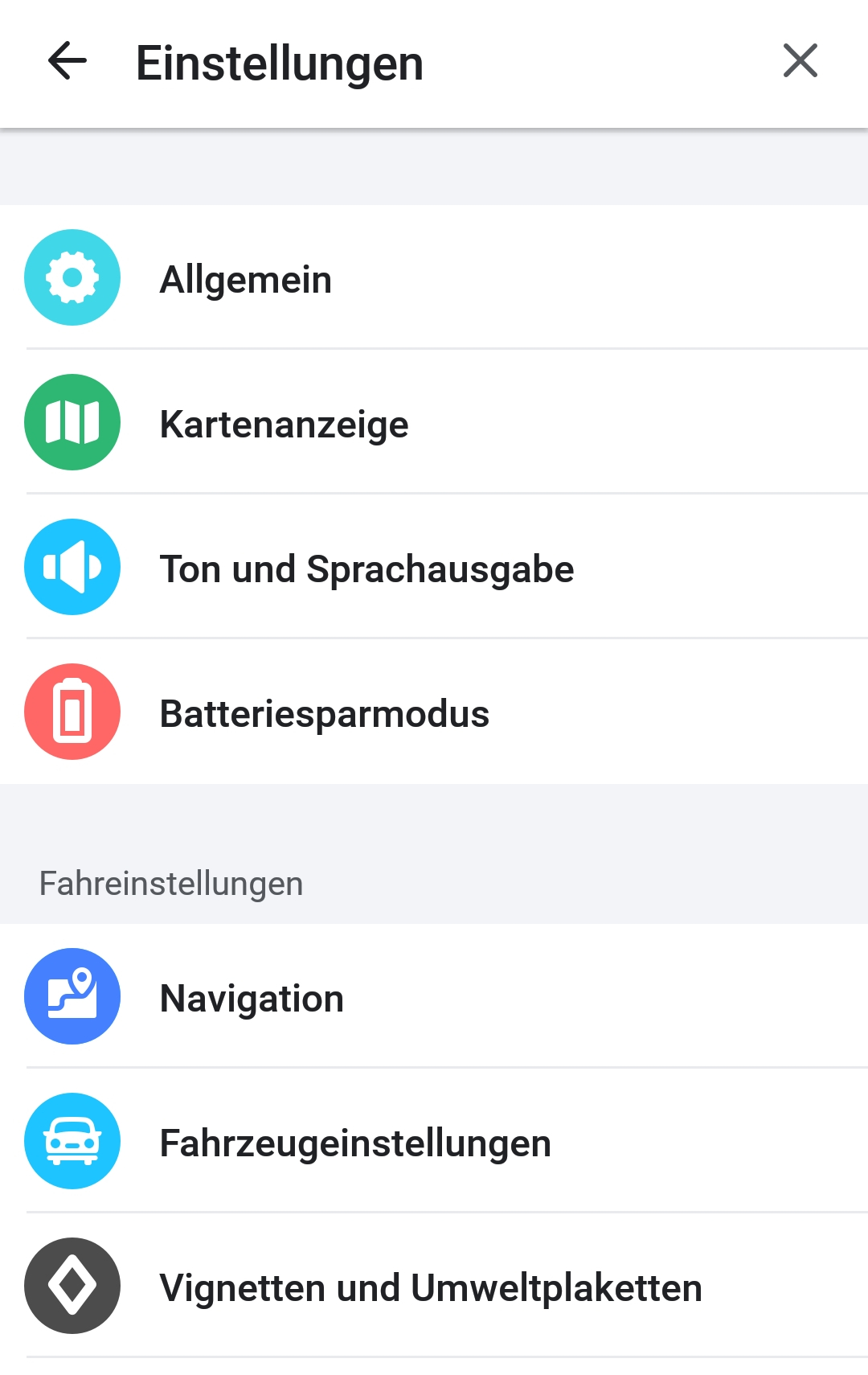 Screenshot Einstellungen mit Icons