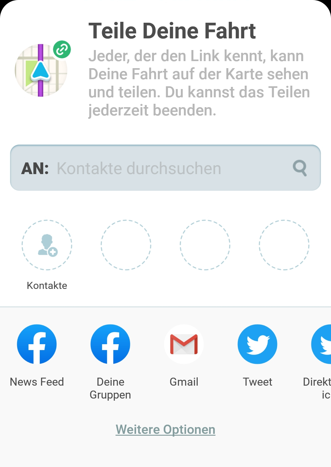 Screenshot Fahrt teilen mit verschiedenen Social Media Icons