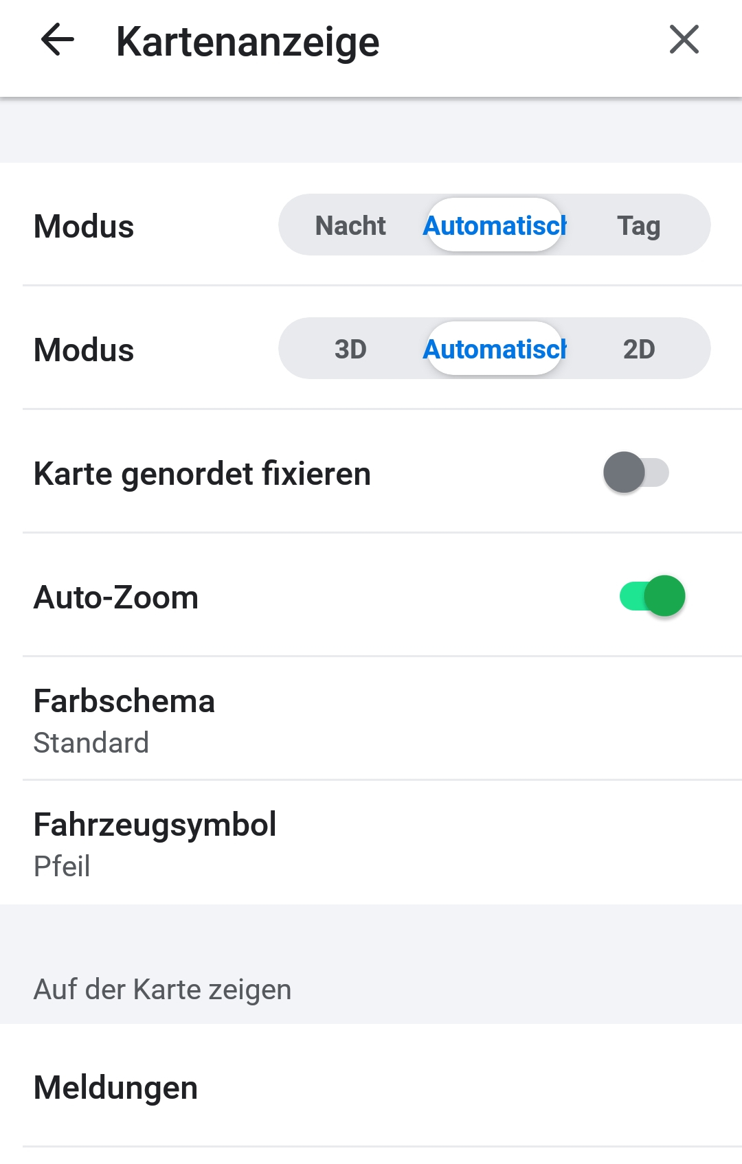 Screenshot Menü Kartenanzeige einstellungen