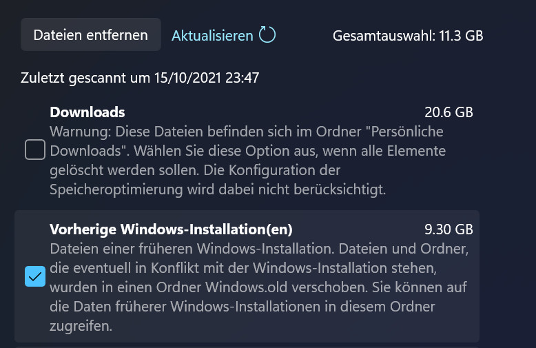 Screenshot Einstellungen Dateien löschen