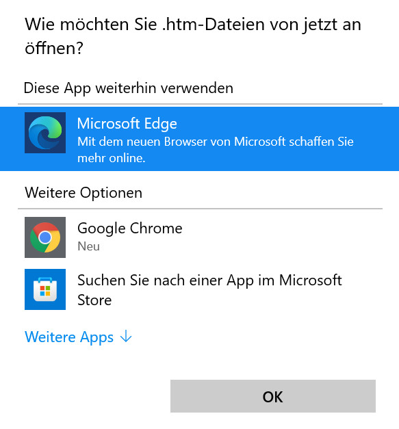 Screenshot Fenster mit Browserauswahl