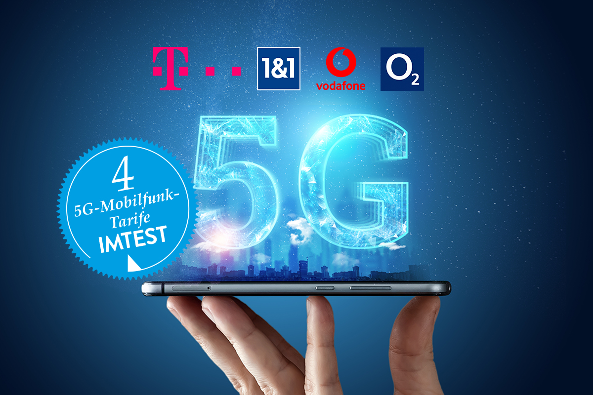 Ein SMartphone mit 5G Schriftzug, wird von den Logos der Testkandidaten geschmückt.