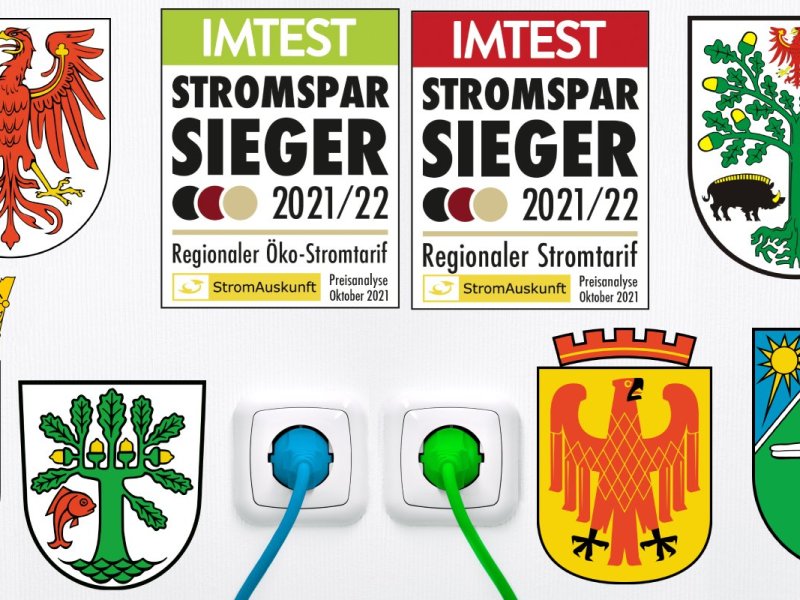 Das Bild zeigt die Wappen der Städte und die Siegel der Stromsparsieger