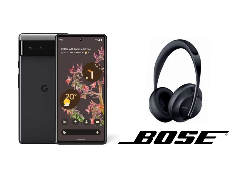 Pixel 6 von vorn und hinten, daneben schwarze Kopfhörer mit Bose-Logo darunter auf weißem Hintergrund