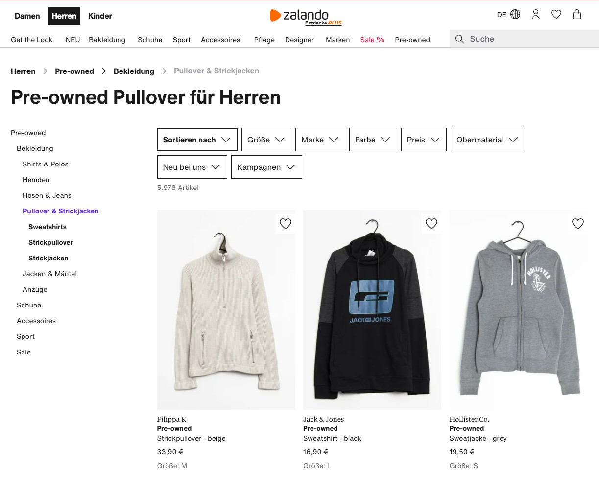 Screenshot Zalando Shop mit drei Sweatjacken