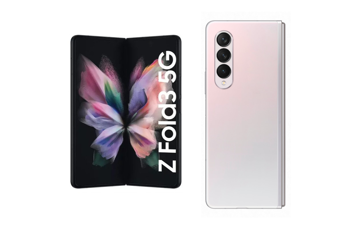 Galaxy Z Fold 3 Aufgeklappt mit buntem Bildschirm und daneben zugeklappt auf weißem Hintergrund