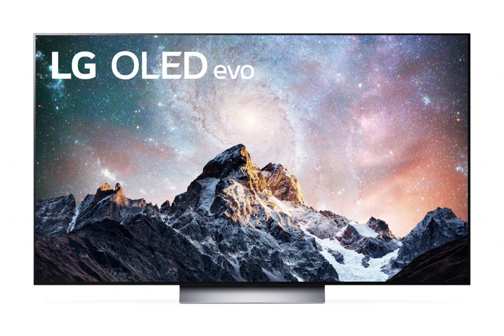 Der 77 Zoll große LG C2 mit OLED-evo-Technologie aufgestellt auf einem Standfuß.