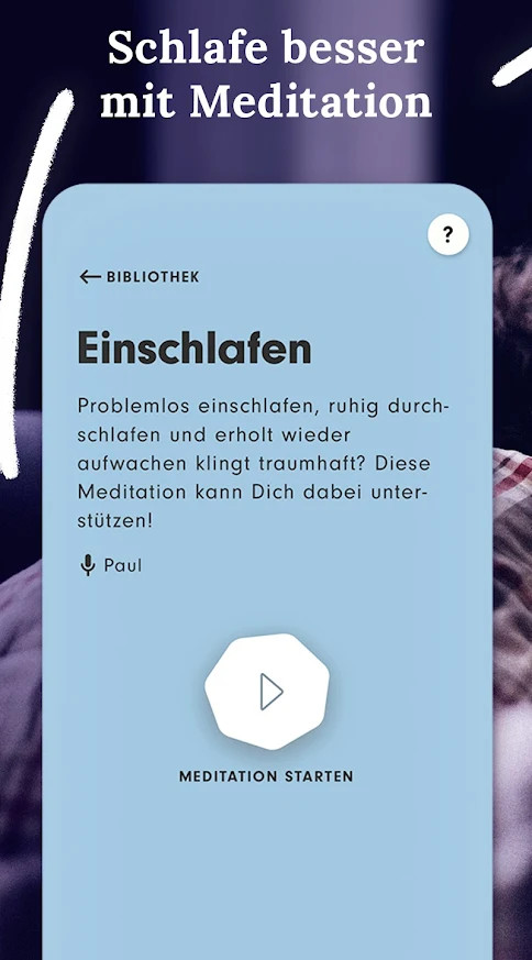 Screenshot Schlaf-App blauer Kasten mit Einschlaf-Hilfe