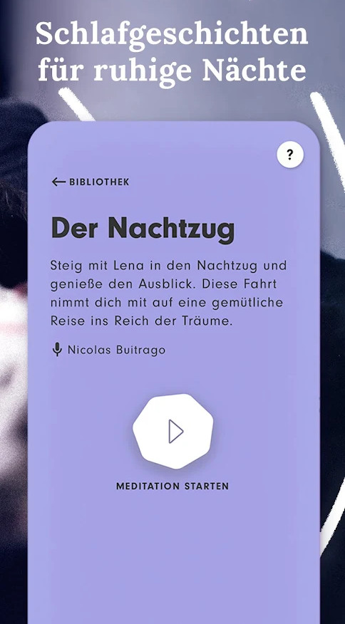 Screenshot 7mind mit lila Kasten für Einschlaf-Geschichte