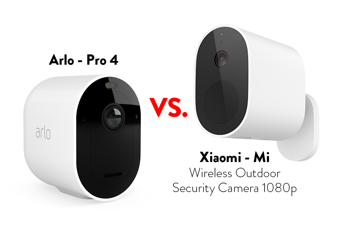 Zwei weiße Ovale Überwachungskameras kabellos auf weißem Hintergrund mit Modellbezeichnung Arlo Pro 4 und Xiaomi Mi