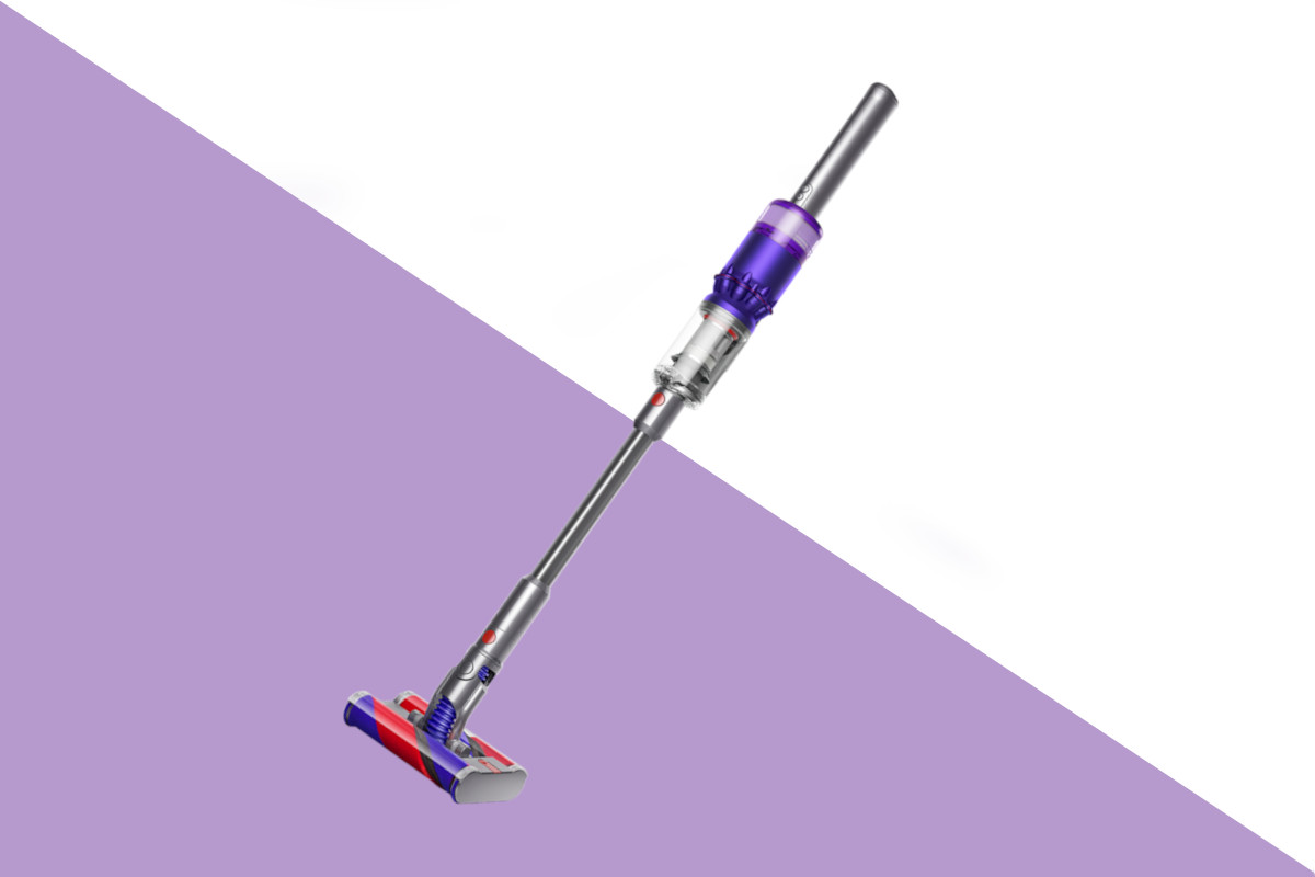 Dyson Omni-Glide schräg auf lila weißem Hintergrund