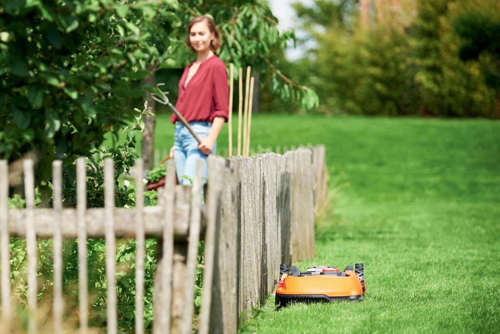 Holzzaun auf Wiese neben dem orangener Mähroboter ist, gegenüber von Frau