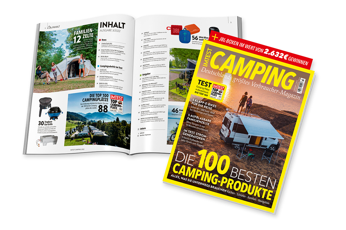 Titel und Inhalt von neuen IMTEST Kaufheft "Camping!