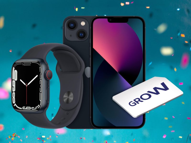 Ein Apple iPhone 13, eine Apple Watch S7 und eine O2-Grow-SIM-Karte vor einem türkisen Hintergrund mit Konfetti