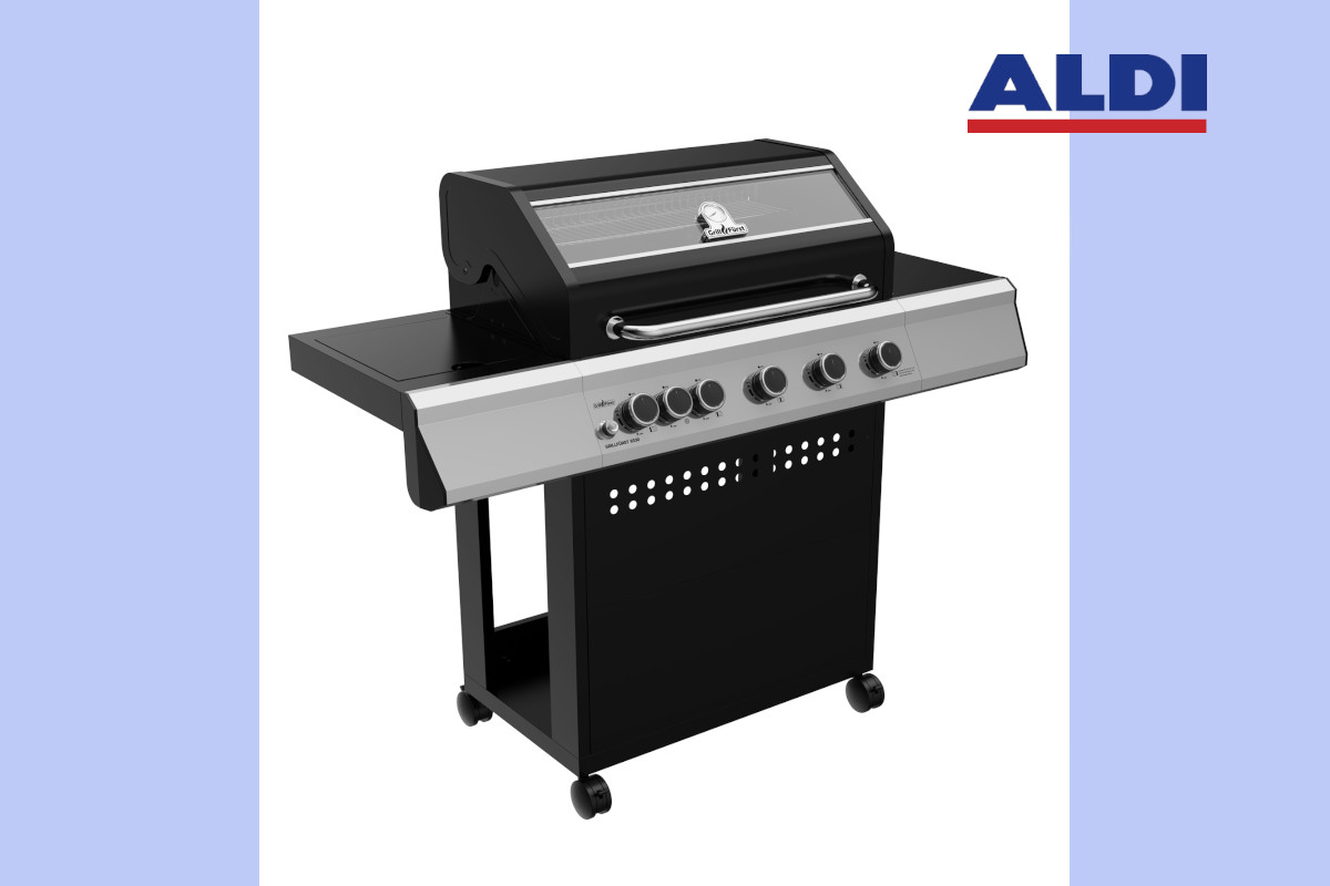 Schwarz silberner Grillfürst-Gasgrill auf weiß hellblauem Hintergrund mit Aldi Logo rechts oben