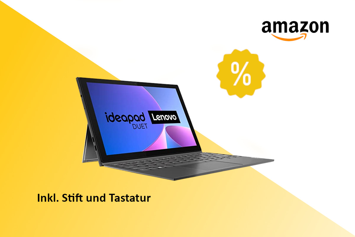 Schwarzes stehendes Lenovo IdeaPad Duet 3i schräg von vorne mit Tastatur auf weißem Hintergrund mit gelben Verlauf und gelben Prozentzeichen rechts sowie Amazon Logo rechts oben