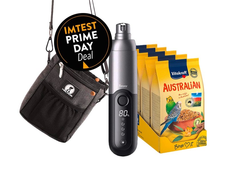 Es sind drei Produkte der IMTEST Prime Day Deals zu sehen: ein Futterrbeutel, ein Krallenschleifer und Vogelfutter.