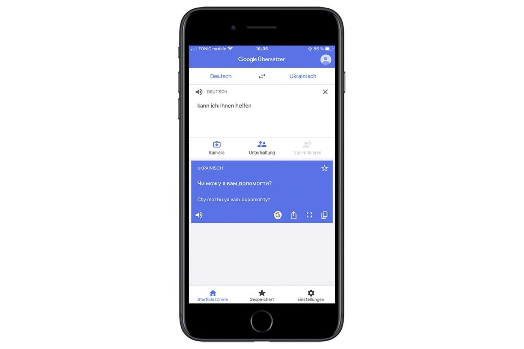Screenshot von Google Übersetzer mit einer Frage ins Ukrainische