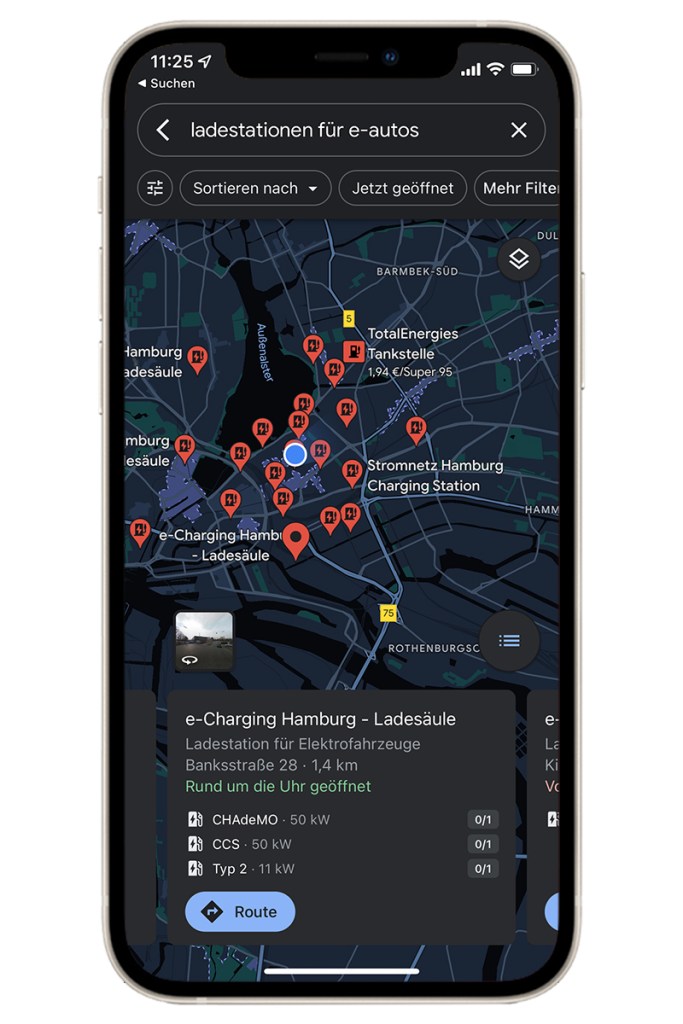 Die dichtesten E-Ladesäulen finden sich über Google Maps.