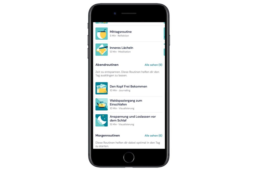 Screenshot der Routinen in der App Mindshine