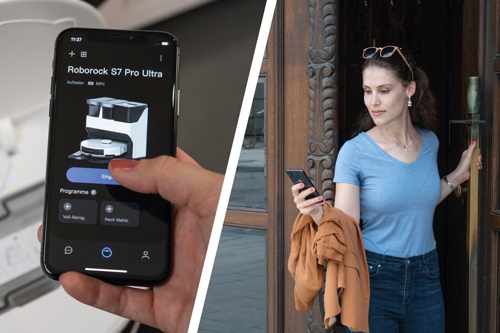 Das Bild ist zweigeteilt. Links sieht man die Roborock-App auf einem Smartphone. Rechts sieht man eine Person ein Haus verlassen und aufs Handy schauen.