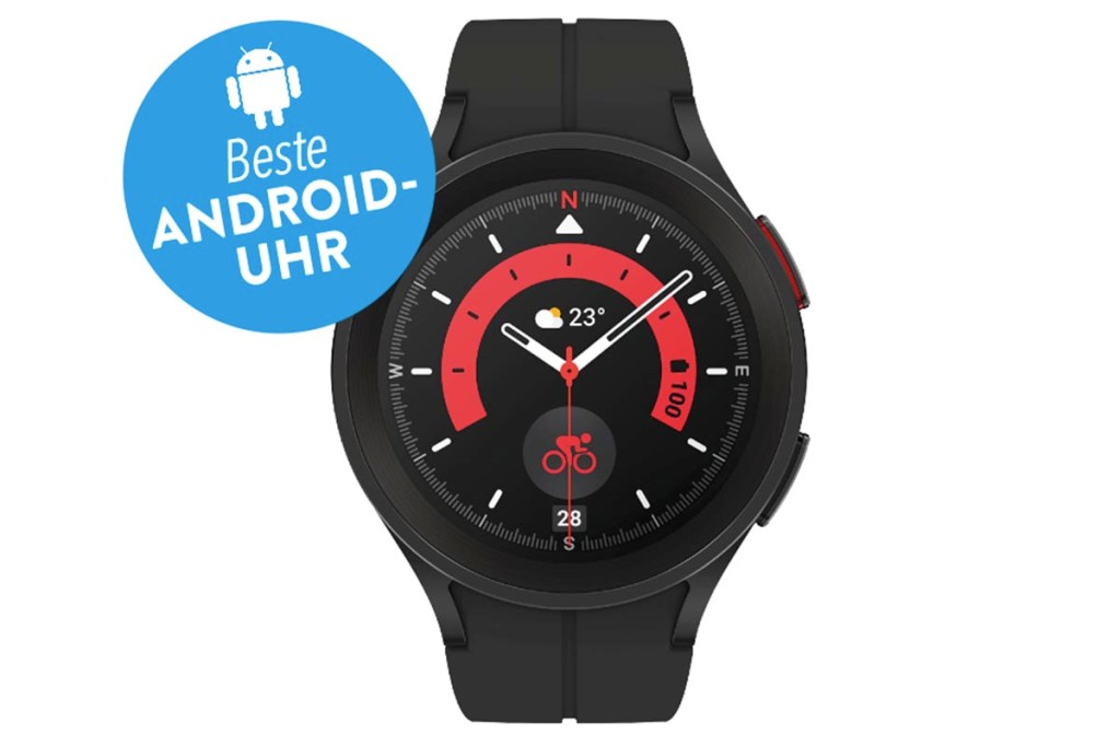 Dunkle Samsung Galaxy Watch 5 Pro mit schwarz rotem Display auf weißem Hintergrund mit blauem Button "Beste android Uhr"