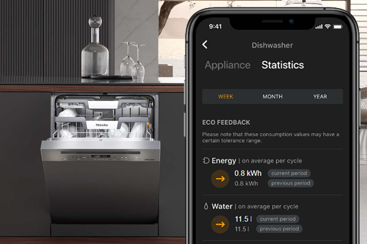 Ein Handy mit der Miele@home App ist zu sehen. Strom- und Wasserverbrauch werden angezeigt. Im Hintergrund ist ein Geschirrspüler.