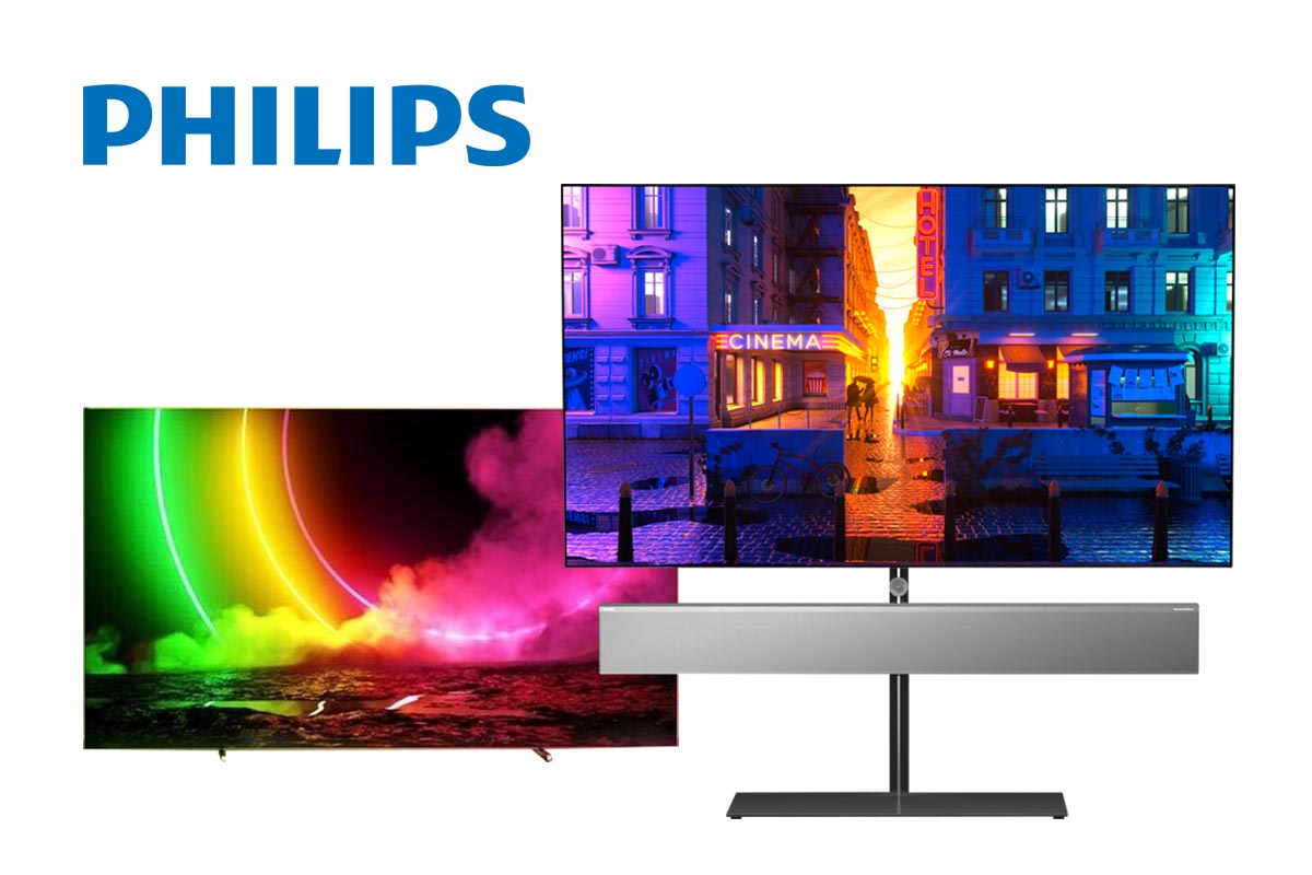 Der Philips 65OLED986 und Philips 48OLED806 vor weißem Hintergrund.