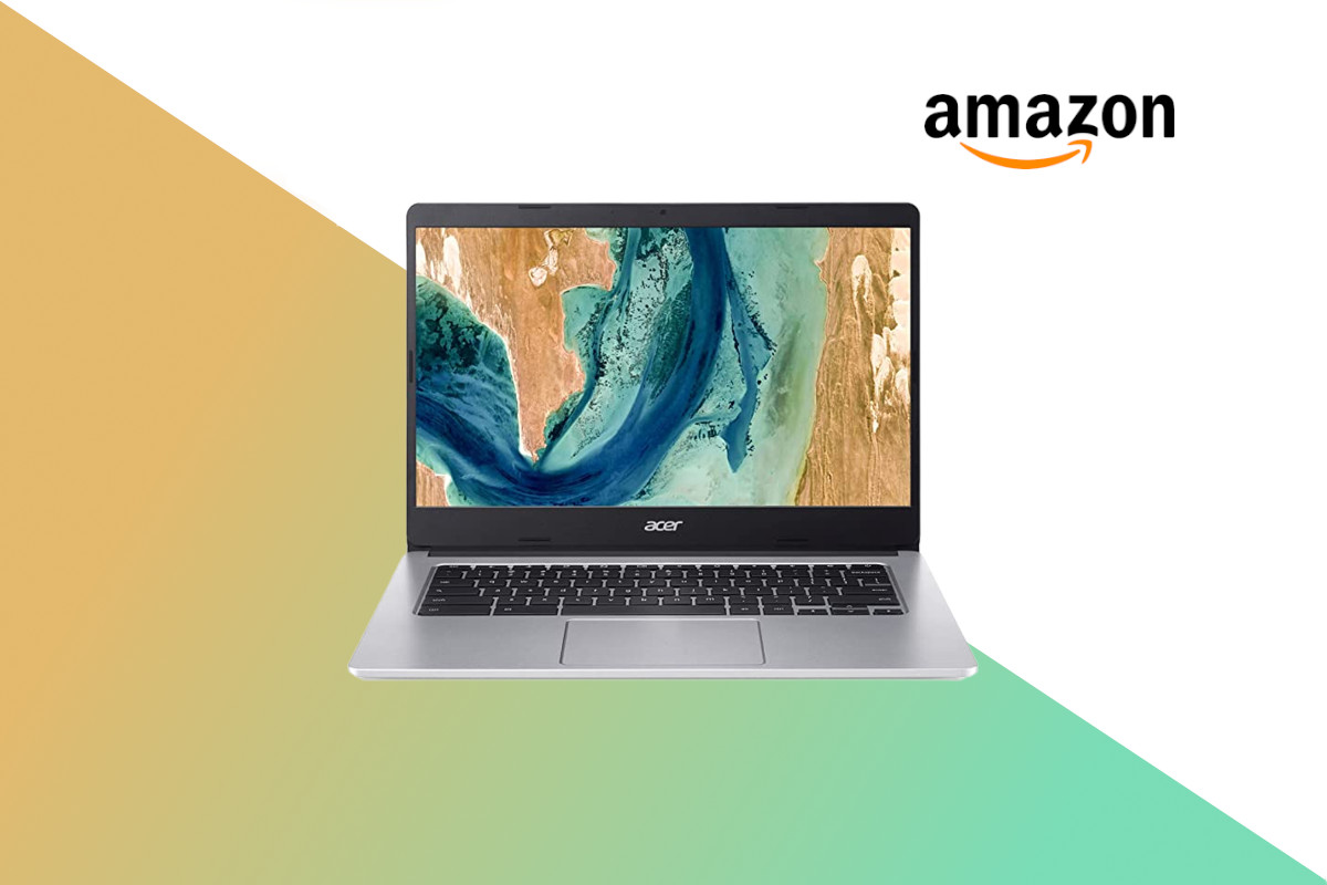 Silbernes Acer-Chromebook aufgeklappt von vorne mit türkis beigen Bild auf orange grünem Hintergrund mit weißem Bereich oben, Amazon Logo oben rechts