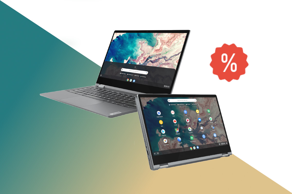 Lenovo IdeaPad Flex 5 aufgeklappt und zusamengeklappt voreinander auf türkis gelben hintergrund mit weißem Streifen oben und rotem Prozentzeichen rechts