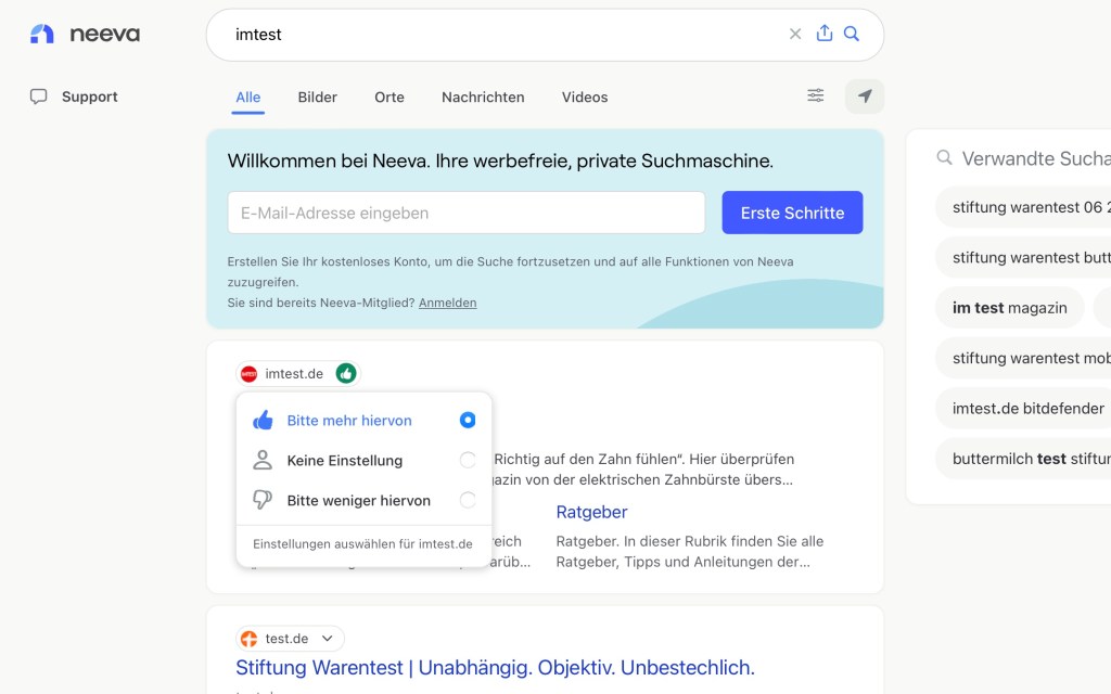 Neeva Suchergebnisse zu IMTEST mit Like-Funktion