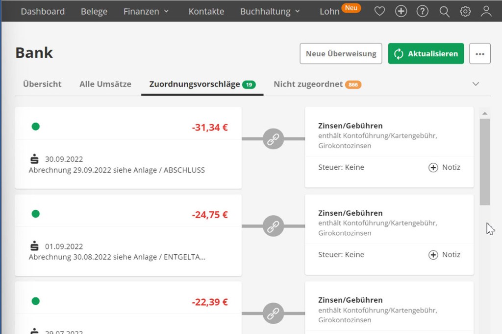 Lexoffice Zuordnungsvorschläge