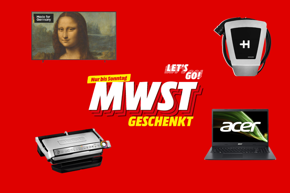 Weißer Schriftzug MwSt auf rotem Hintergrund mit vier Technikprodukten drum herum