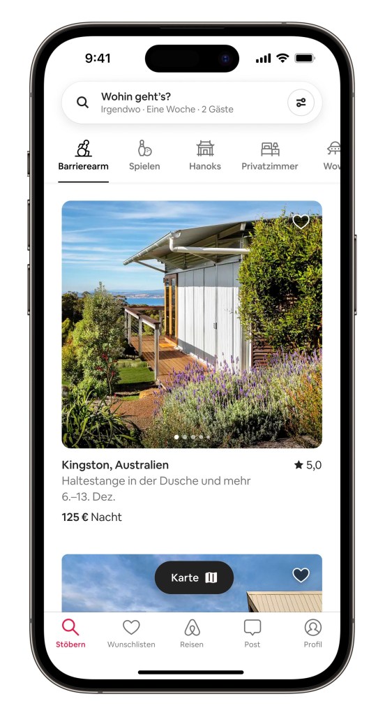 Ansicht der neuen Kategorien auf Airbnb