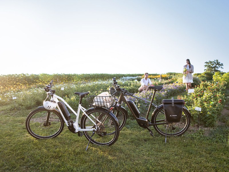 E-Bike-Neuheiten Diamant Mandara 160 & Zing CHC: wei E-Bikes stehen auf einer Wiese, dahinter ein Fraun und Mann in einem Blumenbeet.