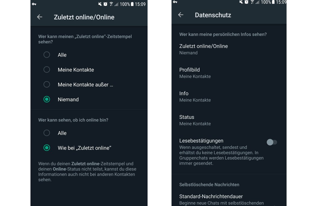 Screenshots der Datenschutzeinstellungen und Online-Status-Regulierung