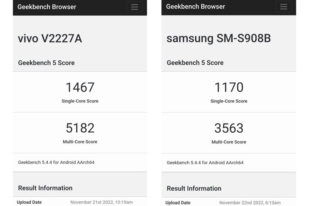 Nebeneinandergestellte Screenshots aus einem Geekbench-Messprogramm für Smartphones