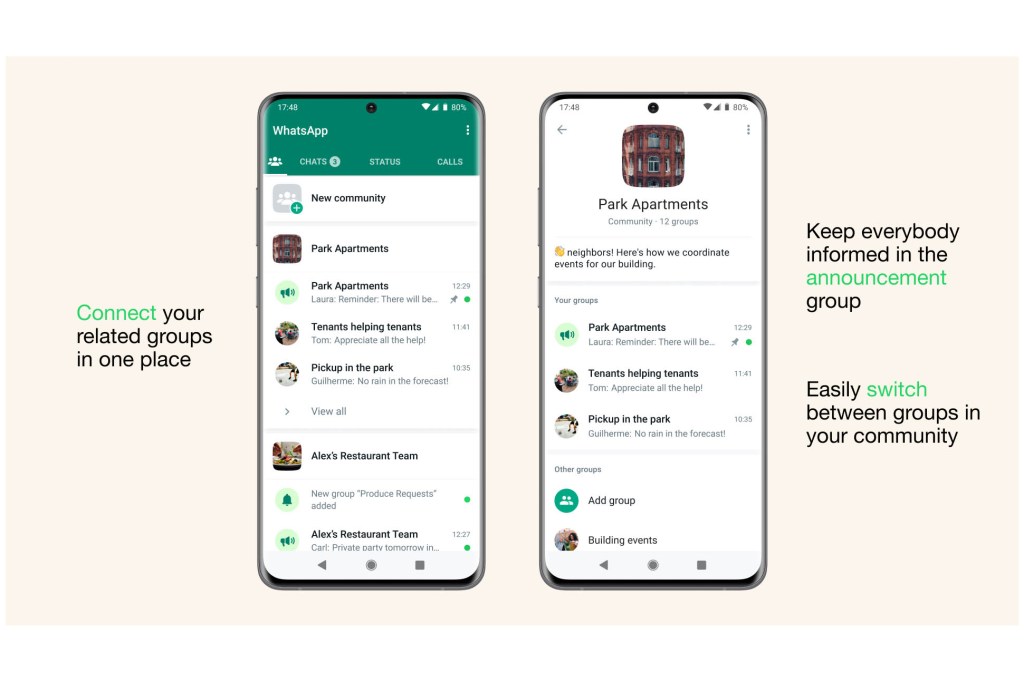 Screenshots des neues WhatsApp Community Updates