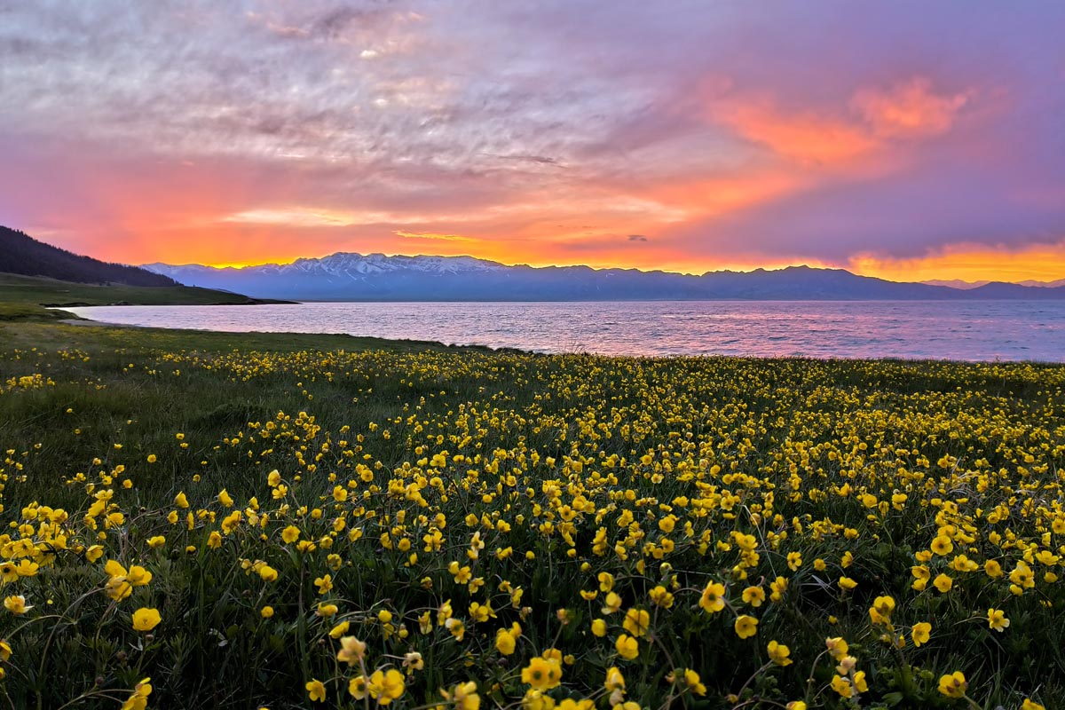 Eine malerische Landschaft im Sonnenuntergang mit Wiesen, Bergen und Wasser.